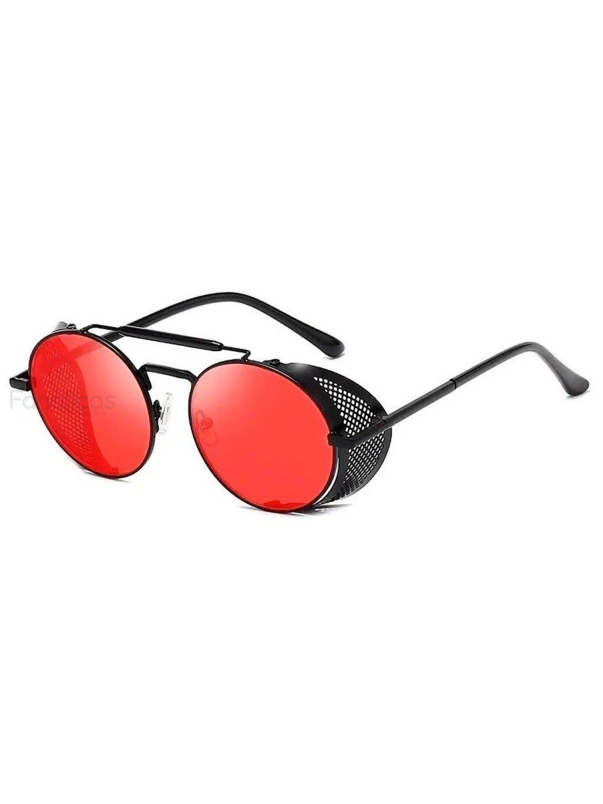 Óculos de Sol Redondo Retrô Vintage 66247 Steampunk Preto e Vermelho