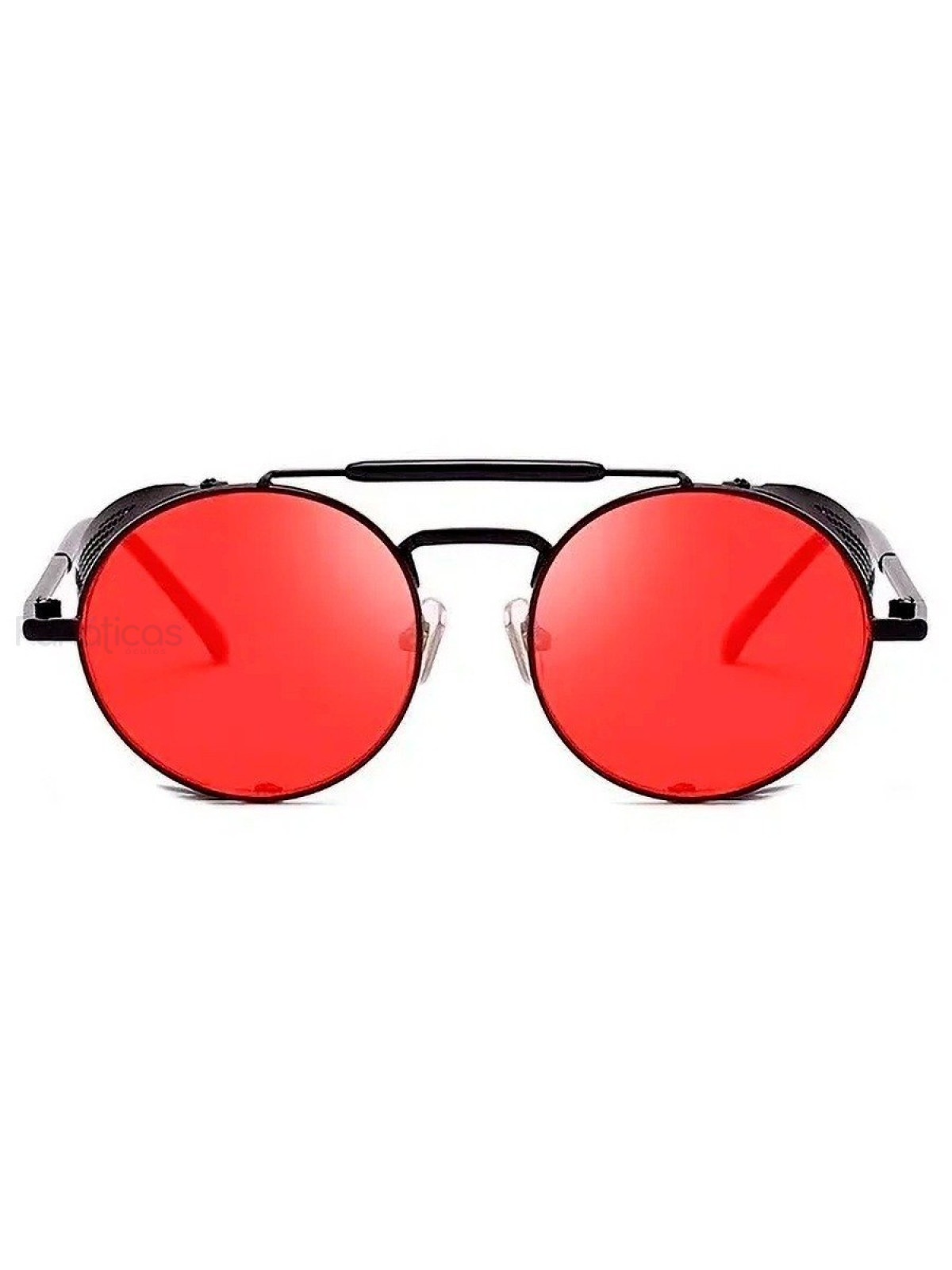Óculos de Sol Redondo Retrô Vintage 66247 Steampunk Preto e Vermelho